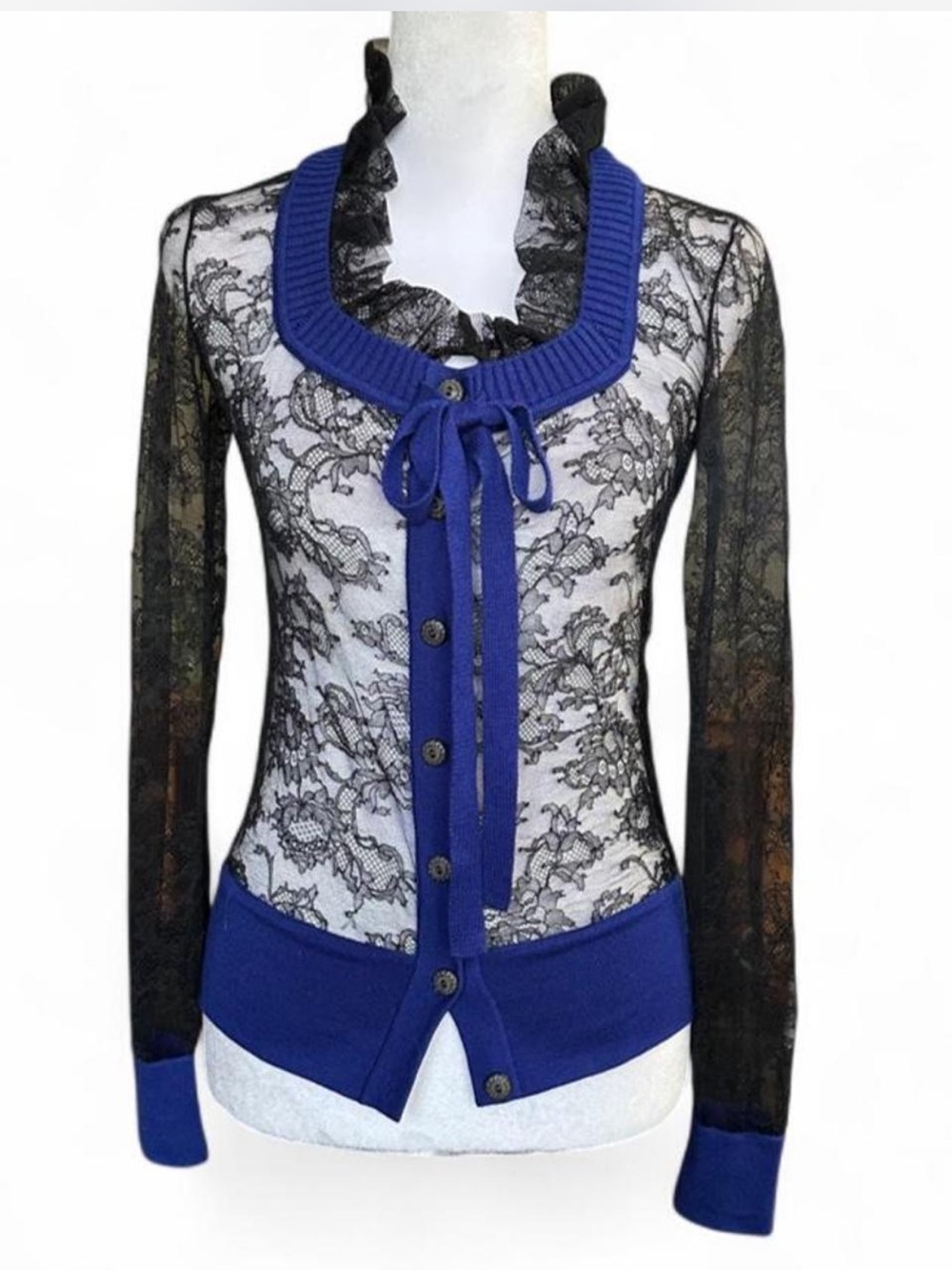 La Perla Black Lace Cardigan with Royal Blue Knit Trim